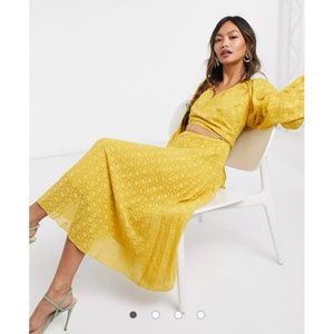 ASOS DESIGN tie wrap around pleated midi dress in dobby in mustard Size 8